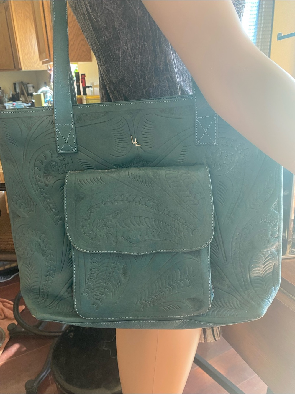 Labrado Leather Teal green Handcrafted Tooled Leather Tote Bag